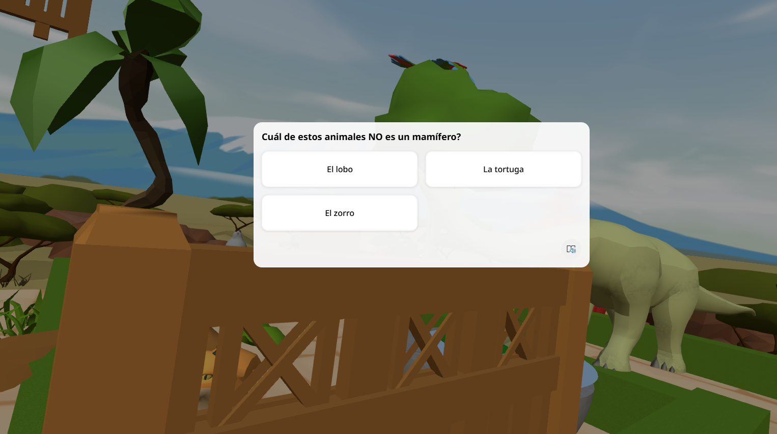 Mundo interactivo de Delightex Edu con un diálogo en inglés